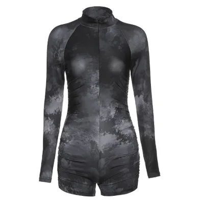 Tracksuits For Women Tie Die Long Sleeve One Piece Jumpsuit  V-neck High Waist Tight  Fitness Romper