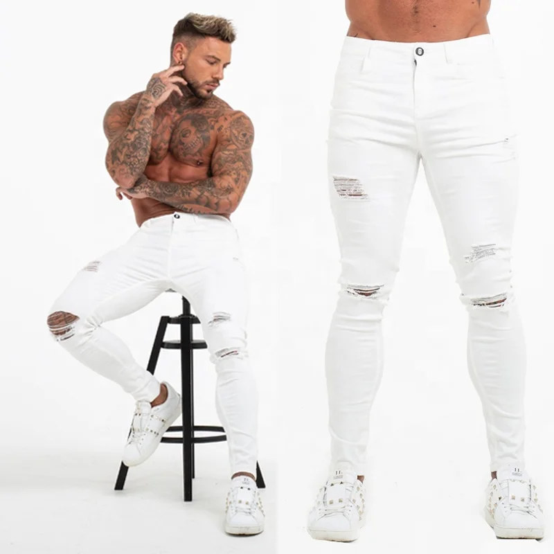 Gingtto men’s jeans pants men skinny jeans new  ripped jeans  men street wear white skinny destroy washed slim fit stretch pant