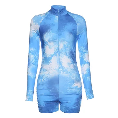 Tracksuits For Women Tie Die Long Sleeve One Piece Jumpsuit  V-neck High Waist Tight  Fitness Romper