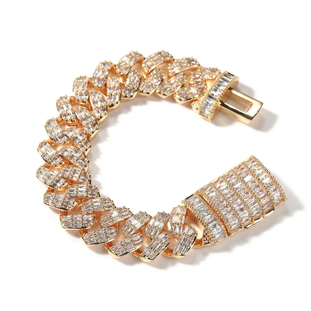 2022 New Luxury 19mm Cuban chain Gold Plated Miami Cuban Link Chain Bracelet 3 Rows Diamonds Wholesale Cuban Necklace