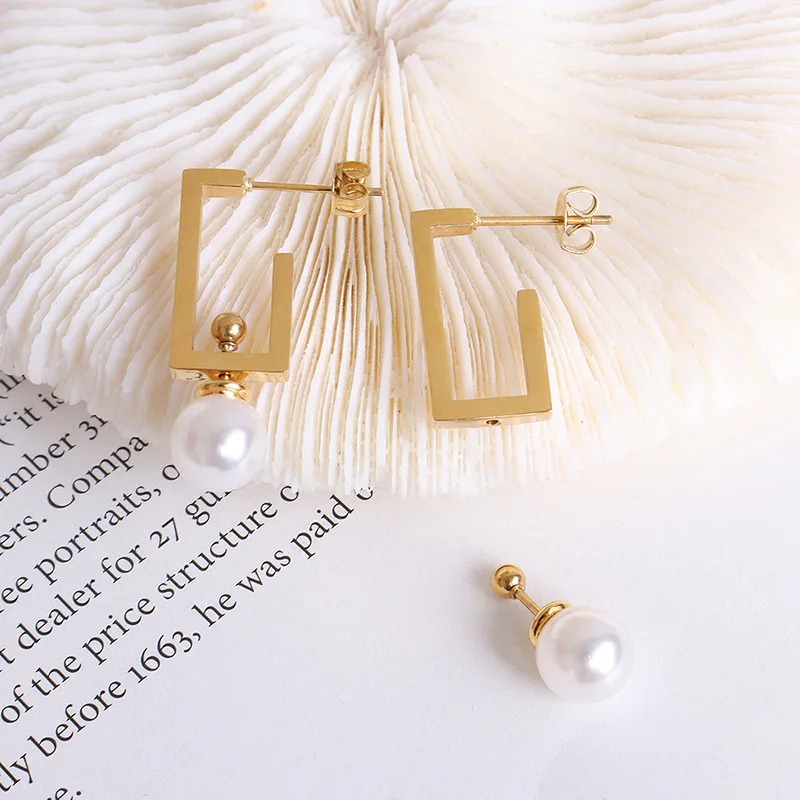 Fashion Hollow Square Pearl Drop Earrings 18K Gold Plated Stainless Steel Geometric C Shape Earrings for Women YF2244
