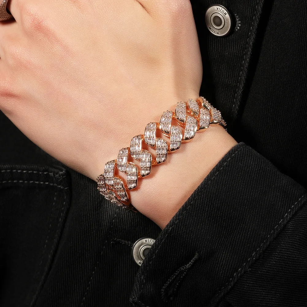 2022 New Luxury 19mm Cuban chain Gold Plated Miami Cuban Link Chain Bracelet 3 Rows Diamonds Wholesale Cuban Necklace