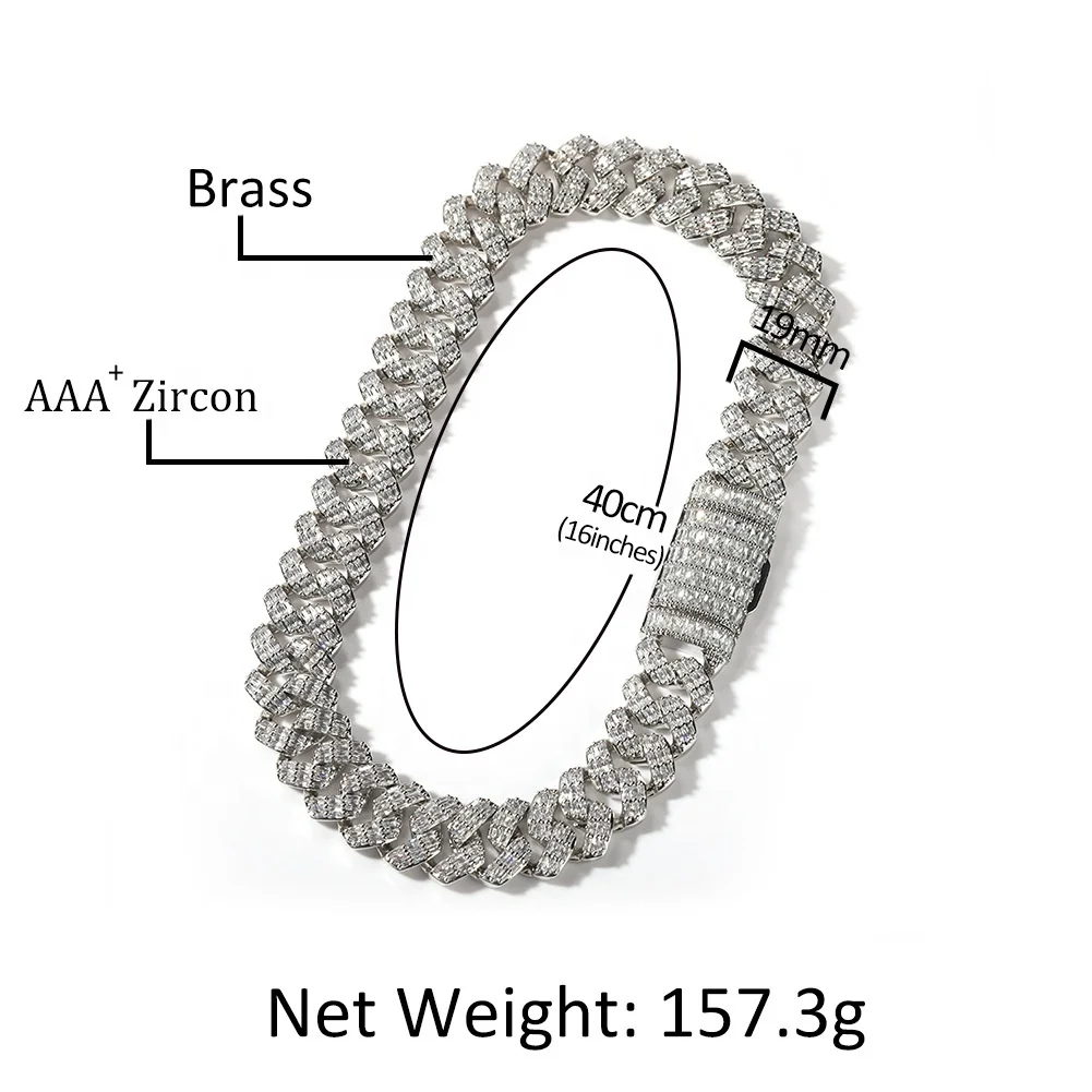 2022 New Luxury 19mm Cuban chain Gold Plated Miami Cuban Link Chain Bracelet 3 Rows Diamonds Wholesale Cuban Necklace