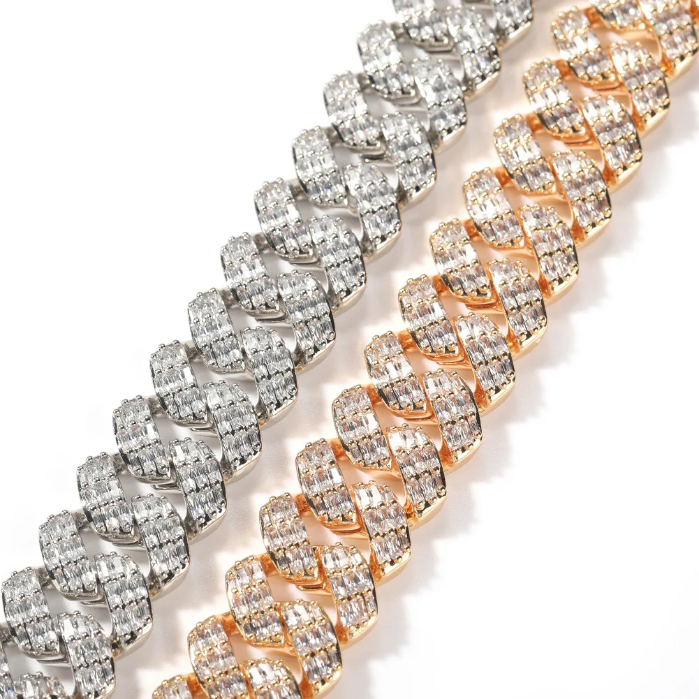 2022 New Luxury 19mm Cuban chain Gold Plated Miami Cuban Link Chain Bracelet 3 Rows Diamonds Wholesale Cuban Necklace