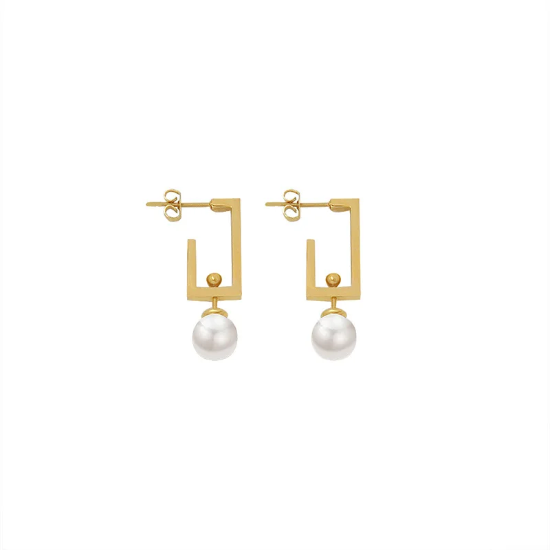 Fashion Hollow Square Pearl Drop Earrings 18K Gold Plated Stainless Steel Geometric C Shape Earrings for Women YF2244