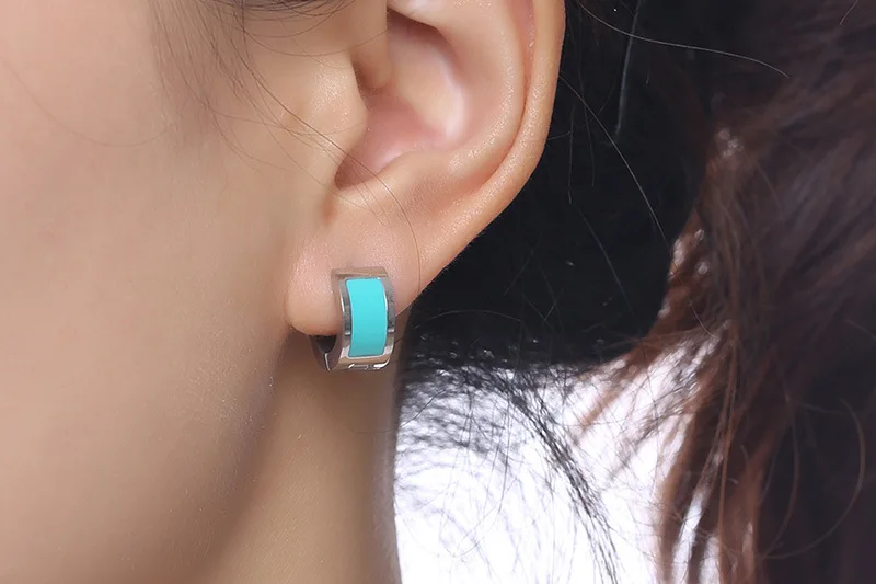 Women High Polish Stainless Steel Enamel Blue Oil Small Hoop Earring