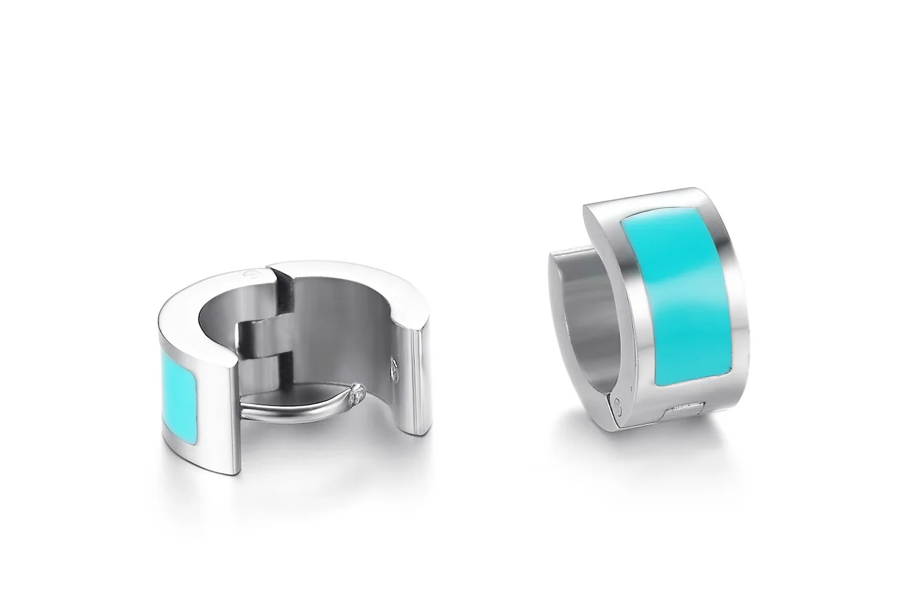 Women High Polish Stainless Steel Enamel Blue Oil Small Hoop Earring