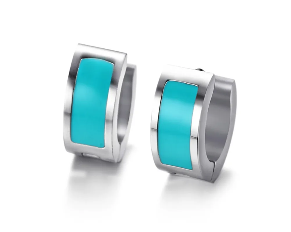 Women High Polish Stainless Steel Enamel Blue Oil Small Hoop Earring